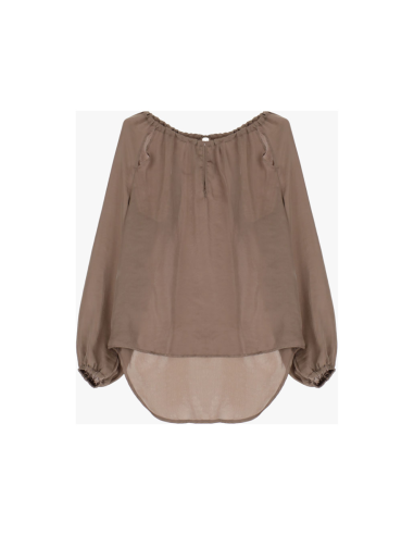 Please femme blouse fluide à manches longues et col lacé en crepe satin coloris fango (taupe)