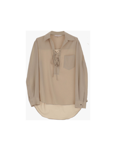 Please Femme chemise a manches longues et col lacé en crepe fluide