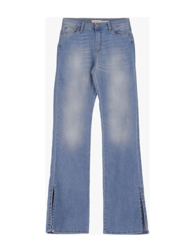 Please Femme jean flare avec ourlet fente en denim delavé