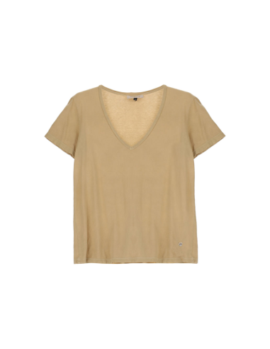 Please Femme tshirt basique à col pointe et manches courtes en coton coloris camel