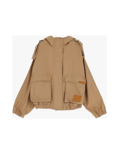 Please Femme blouson court et oversized en toile de coton sergé, epaulette et capuche coloris beige
