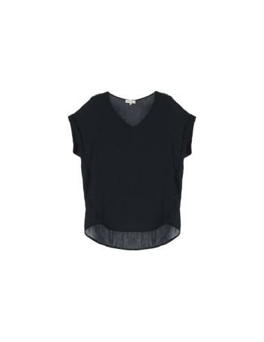 Please Femme tshirt oversized à manches courtes et col V en crepe satin froissé coloris noir