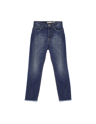 Please Femme jean longueur 7/8 en denim de coton bleu delavage medium, avec ourlets à franges