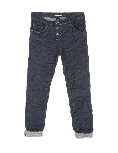 Please Femme pantalon coupe boyfriend  modele P78 en toile denim bleue brute, plis 3D