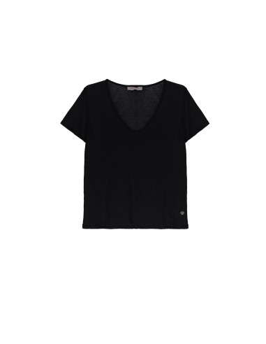 Please Femme tshirt basique à col pointe et manches courtes en coton coloris noir