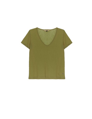 Please Femme tshirt basique à col pointe et manches courtes en coton coloris guacamole