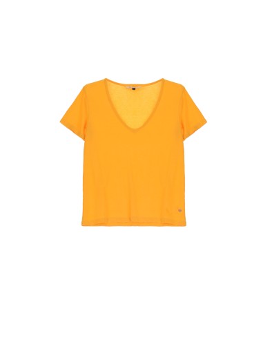 Please Femme tshirt basique à col pointe et manches courtes en coton coloris mango sorbet