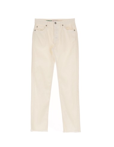 Please Femme jean longueur 7/8 en gabardine de coton stretch delavée et ourlets à franges coloris unbleached