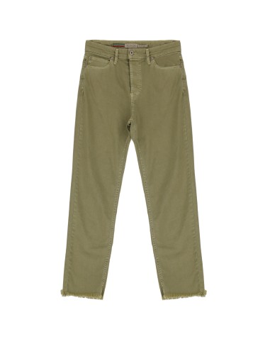 Please Femme jean longueur 7/8 en gabardine de coton stretch delavée et ourlets à franges coloris olive drab