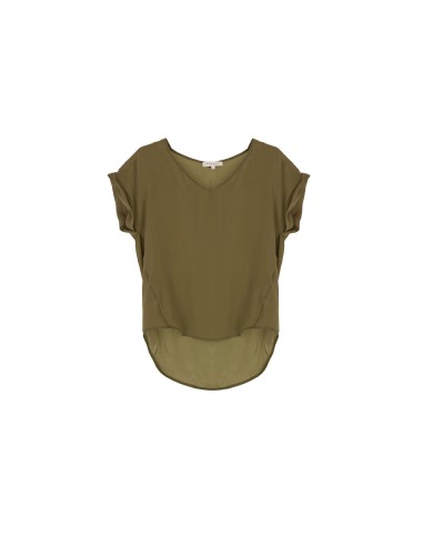 Please Femme tshirt oversized à manches courtes et col V en crepe satin froissé coloris militare