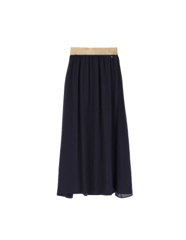 Please femme jupe midi à quilles en crepe satin froissé notte (bleu marine) et taille elastiquée en lurex doré