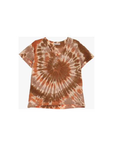 Please Femme tshirt a col V, en coton et finitions roulottées, motif tye & dye coloris micha bisque