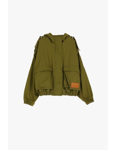 Please Femme blouson court et oversized en toile de coton sergé, epaulette et capuche coloris militare