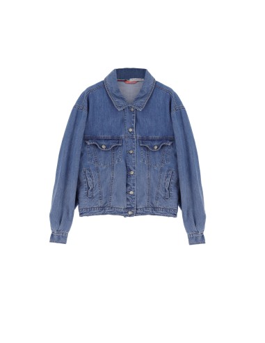 Please femme, veste en jean forme oversized en denim bleu clair delavé