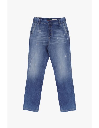 Please femme, pantalon chino en jean, boutonnage apparent, denim delavé avec abrasions