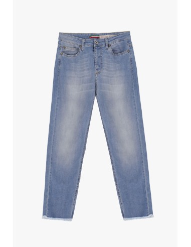 Please Femme jean longueur 7/8 en denim de coton bleu delavage bleu clair, avec ourlets à franges