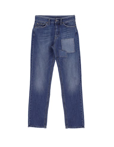 Please Femme, jean forme regular en denim bleu moyen avec patchs