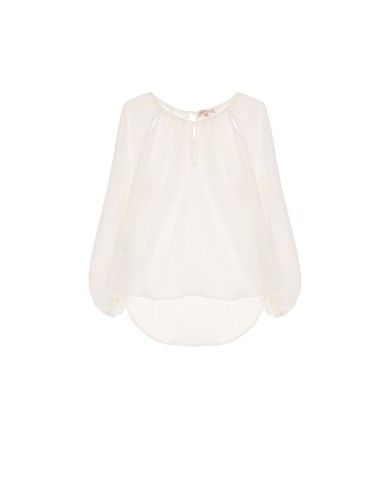 Please femme blouse fluide à manches longues et col lacé en plumetis coloris bianco