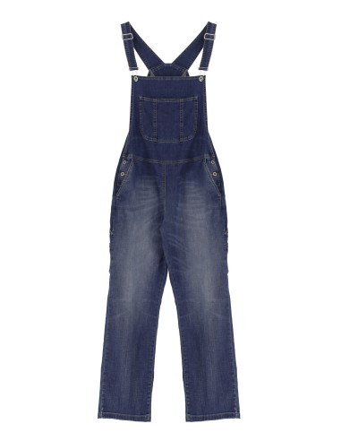 Please femme, salopette à bretelles reglables en jean delavage bleu moyen