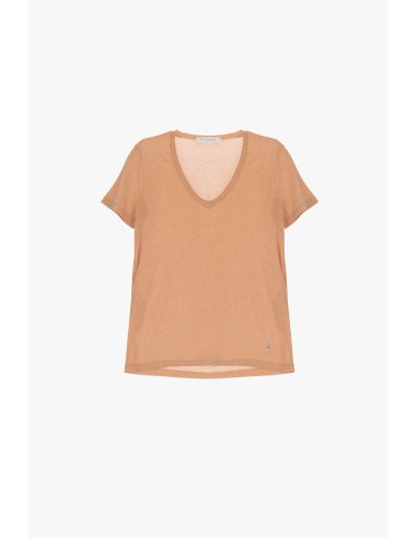 Please Femme tshirt à manches courtes en viscose et lurex effet pailletté coloris pesca/or