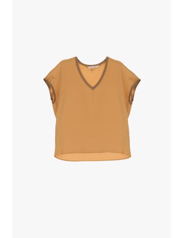 Please Femme tshirt en crepe satin a bordures pailletées coloris biscotto