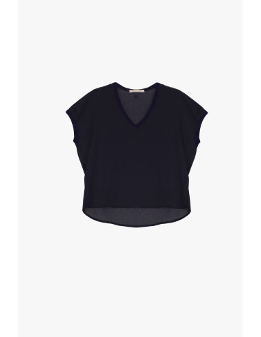 Please Femme tshirt en crepe satin a bordures pailletées coloris navy (bleu marine)
