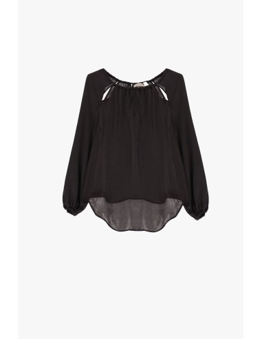 Please femme blouse fluide à manches longues et col lacé en crepe satin coloris lavagno (noir)