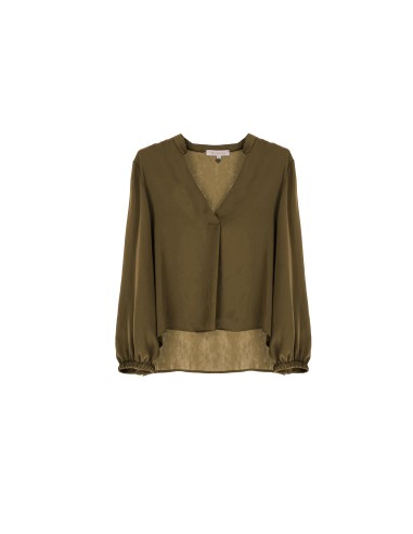 Please Femme blouse fluide à manches longues et decolletté poitrine en crepe satin coloris militare