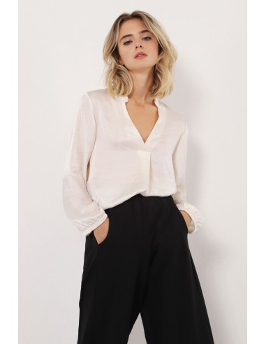 Please Femme blouse fluide à manches longues et decolletté poitrine en crepe satin coloris panna