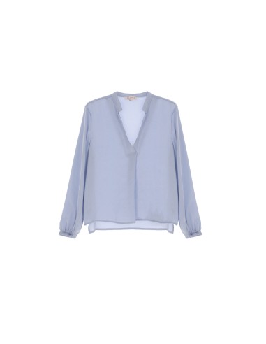 Please Femme blouse fluide à manches longues et decolletté poitrine en crepe satin coloris azzuro