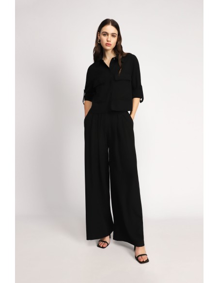 Please Femme pantalon à doubles pinces et jambes évasées en crêpe fluide