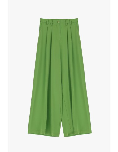 Please Femme pantalon a doubles pinces et jambes evasées en crepe fluide coloris kiwi