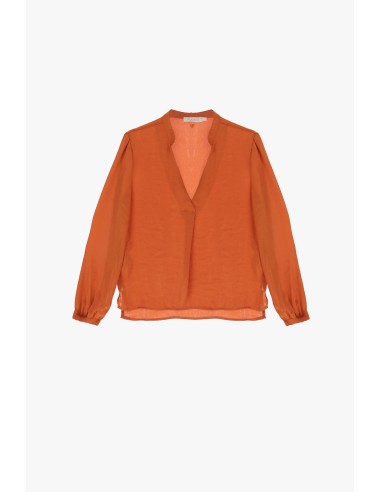 Please Femme blouse fluide à manches longues et decolletté poitrine en crepe satin coloris terracotta