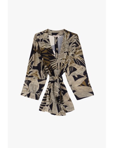 Please femme, gilet long à nouer type kimono en viscose imprimé tropical