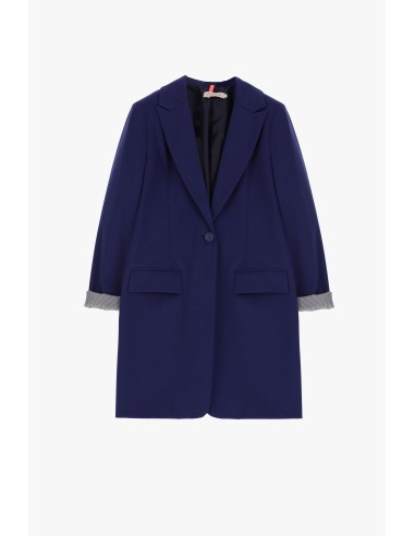 Please Femme trench court cintré en point milanais coloris denim (bleu), manches a revers imprimé