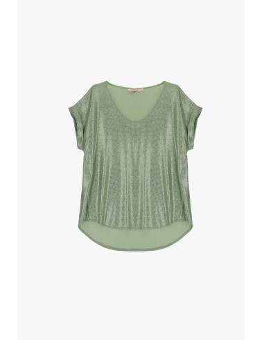 Please Femme tshirt oversized col V en jersey texturé lamé effet glitter coloris salvia