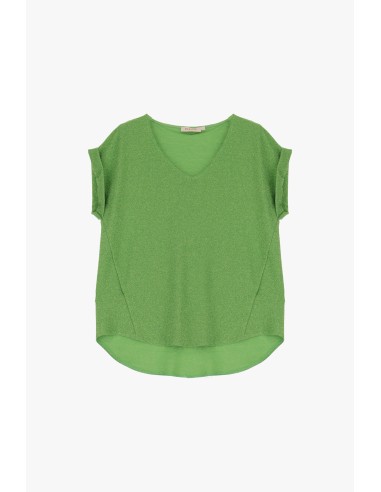 Please Femme tshirt oversized col V en jersey texturé lamé effet pailletté coloris guacamole