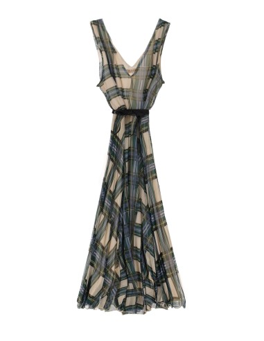 Please Femme robe longues à bretelles  et jupon plissé, en mousseline à motif tartan coloris beige et vert