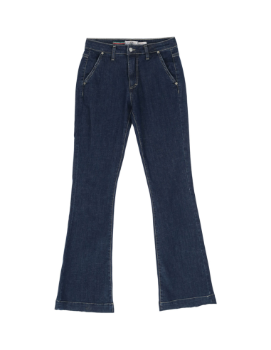 Please Femme jean flare, jambe evasée en denim stretch delavage bleu sombre