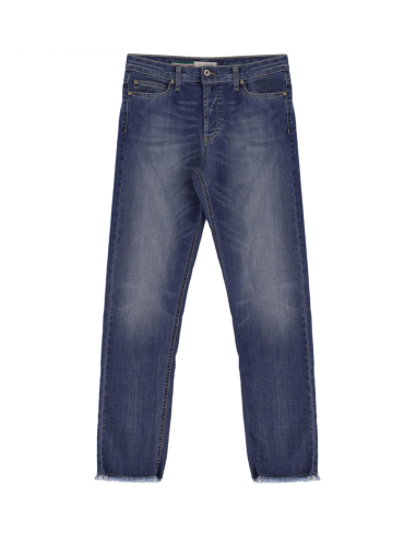 Please Femme jean regular slim, à taille haute et ourlet frangé en denim bleu moyen