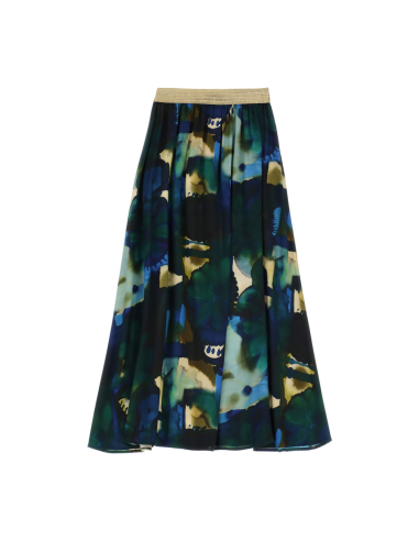 Please femme jupe midi en viscose imprimée multicolore, taille elastiquée en lurex doré