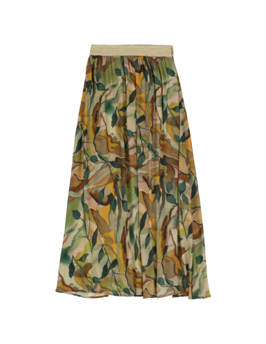 Please femme jupe midi en viscose imprimée multicolore, taille elastiquée en lurex doré