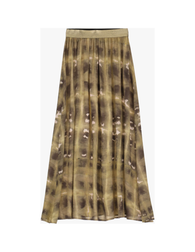 Please femme jupe midi en viscose imprimée coloris fango, taille elastiquée en lurex doré