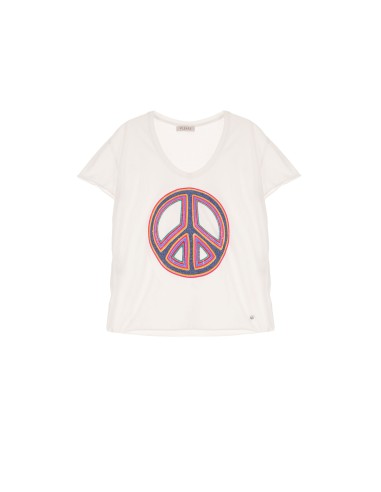 Please Femme tshirt a col V avec print "peace and love" en coton et finitions roulottées coloris blanc