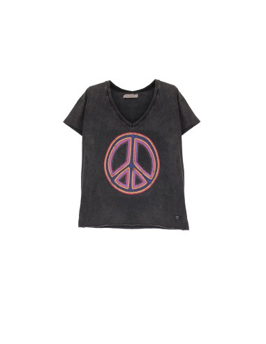 Please Femme tshirt a col V avec print "peace and love" en coton et finitions roulottées coloris noir delavé