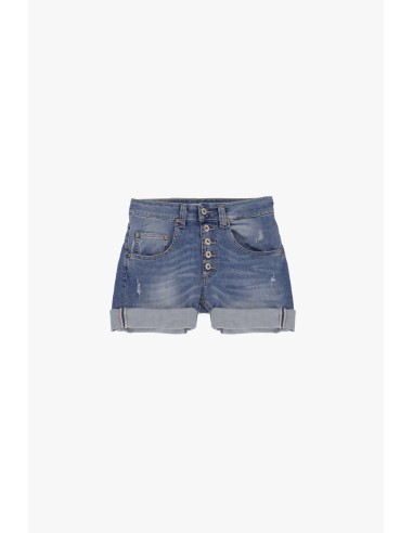Please Femme short en jean modele P88 à boutonnage apprent en denim delavé bleu