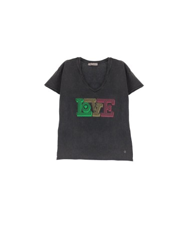 Please Femme tshirt a col V avec print "love" en coton et finitions roulottées coloris noir