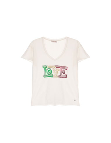 Please Femme tshirt a col V avec print "love" en coton et finitions roulottées coloris blanc