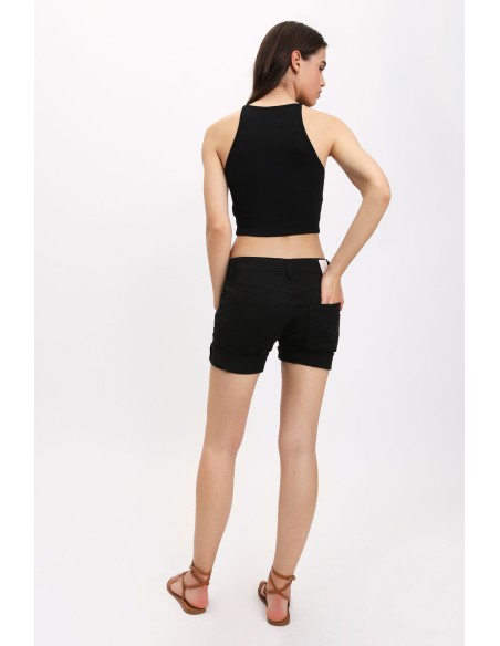 Please Femme short en jean modele P88 à boutonnage apparent en coton stretch coloris Noir