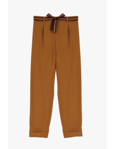 Please Femme pantalon forme carotte a taille elastiquée ceinturée en crepe coloris cammello